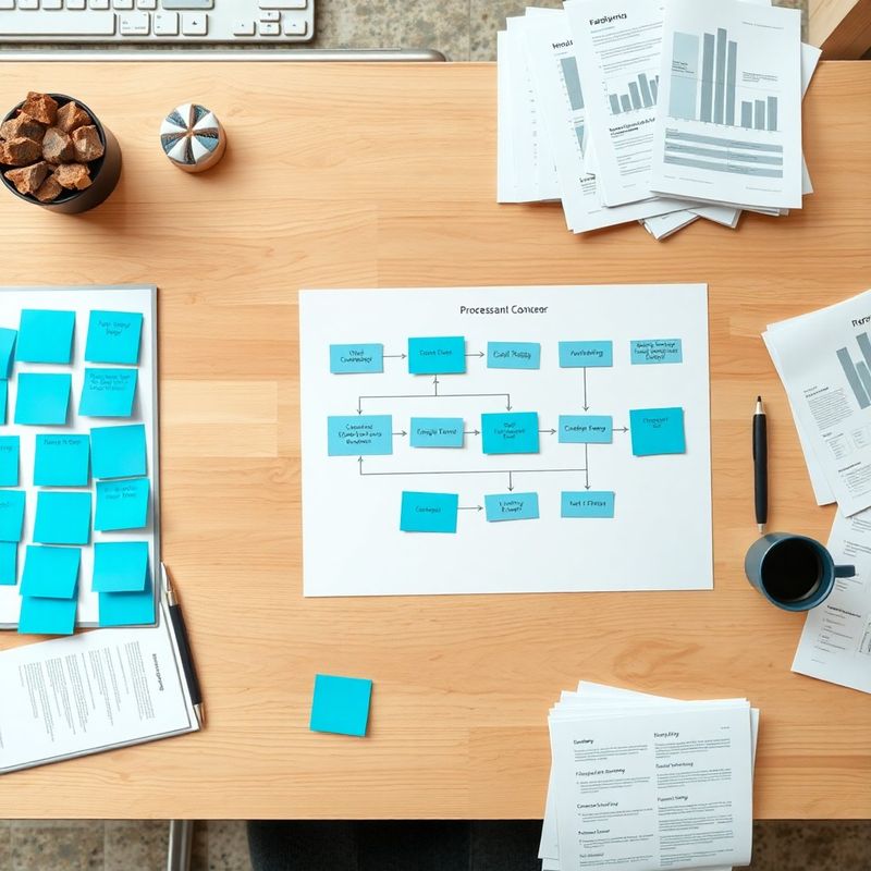 Procesni diagram s post-it lističi na lesenem pisalnem pultu